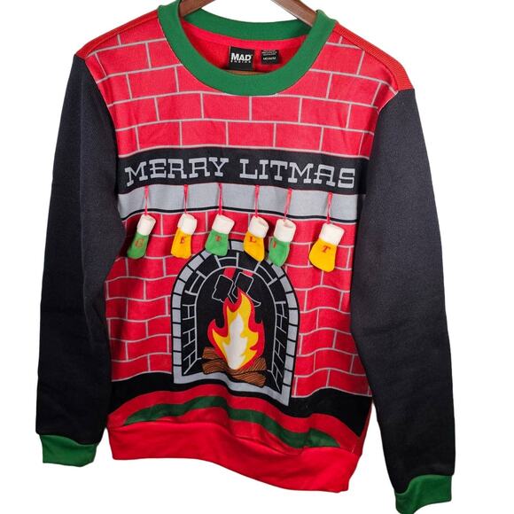 Mad Engine Ugly Christmas Sweater Stockings Fire Drinking Funny Size Medium EUC - Picture 1 of 5
